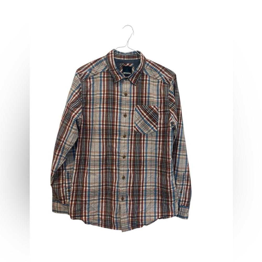 Prana Men's Size Large Red Blue Plaid Long Sleeve Plaid Button‎ Down Shirt EUC